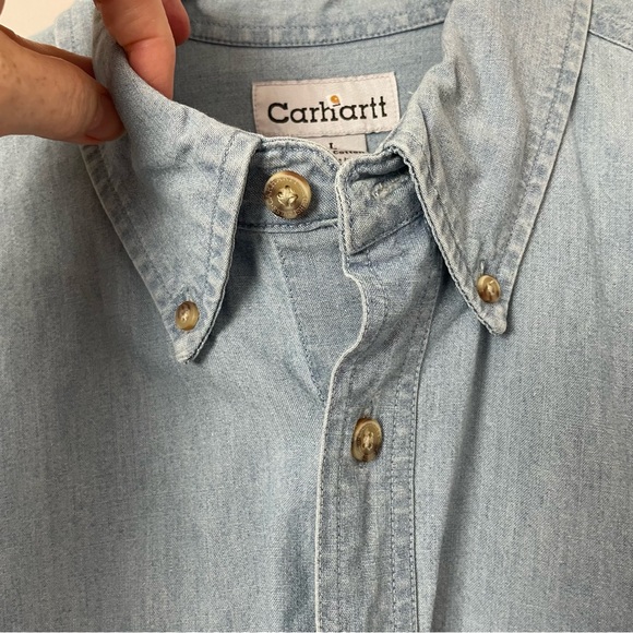 Carhartt Button Down Shirt short Sleeve Chambray 2 Chest Pockets Blue L - Picture 4 of 10